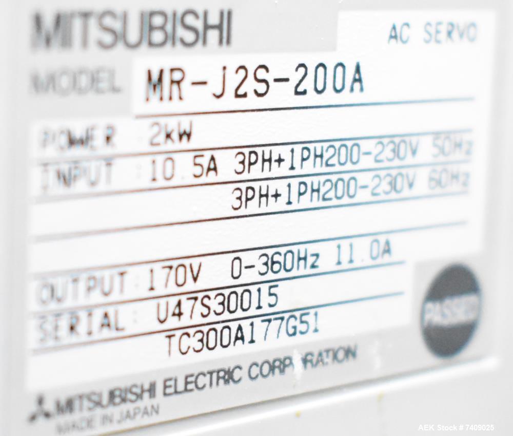 Used Leepack Servo Drive Powder Auger Feeder, Model AW-590IV. Mitsubishi model MR-JZS-200A servo drive. Foot pedal switch. Level sensor. Mounted on stainless steel frame with casters. 3/60/480 Volt.